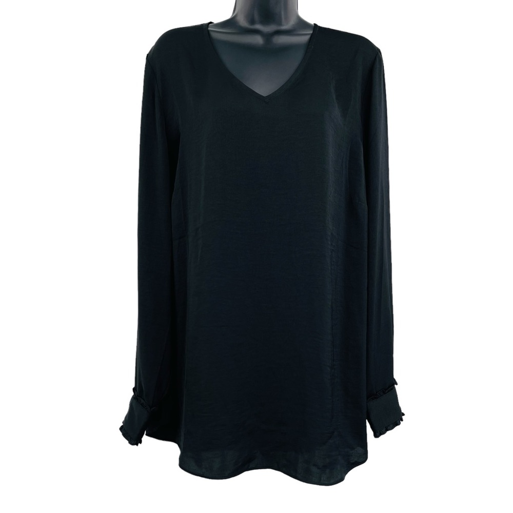 Cabi classic blouse long sleeve in black v neck ruffle cuff women's size XL